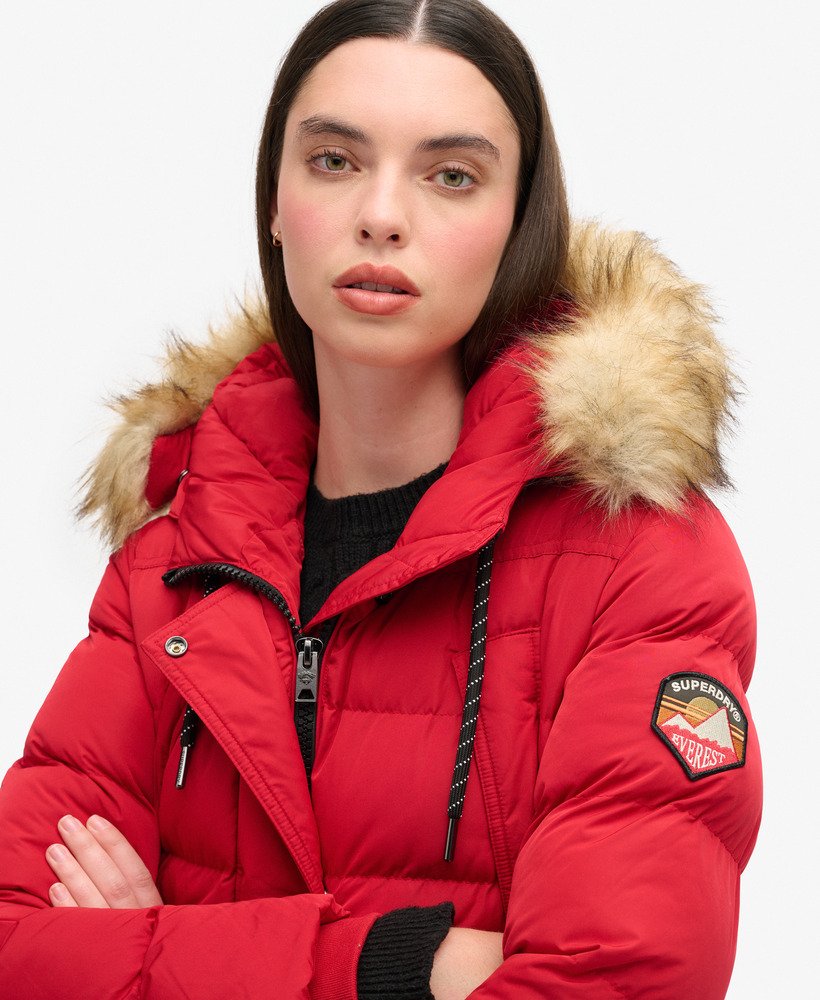 everest mid faux fur puffer coat in barndoor red