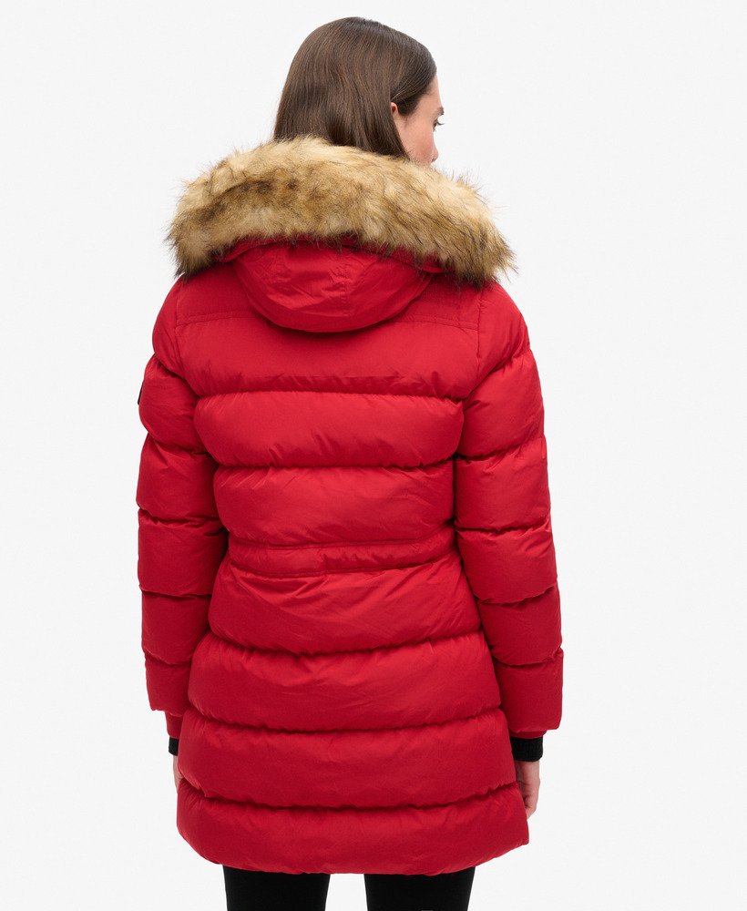 everest mid faux fur puffer coat in barndoor red