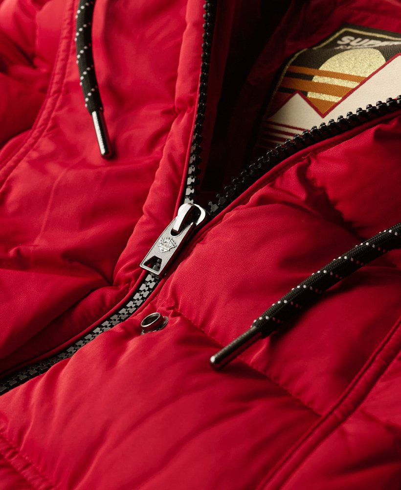 everest mid faux fur puffer coat in barndoor red