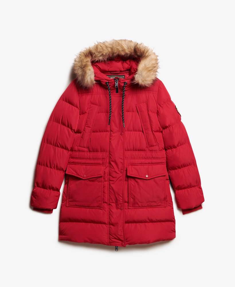 everest mid faux fur puffer coat in barndoor red