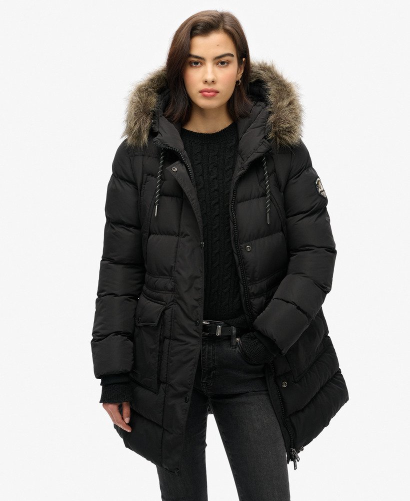 everest mid faux fur puffer coat in black