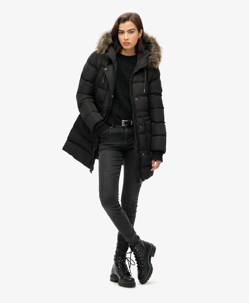 everest mid faux fur puffer coat in black