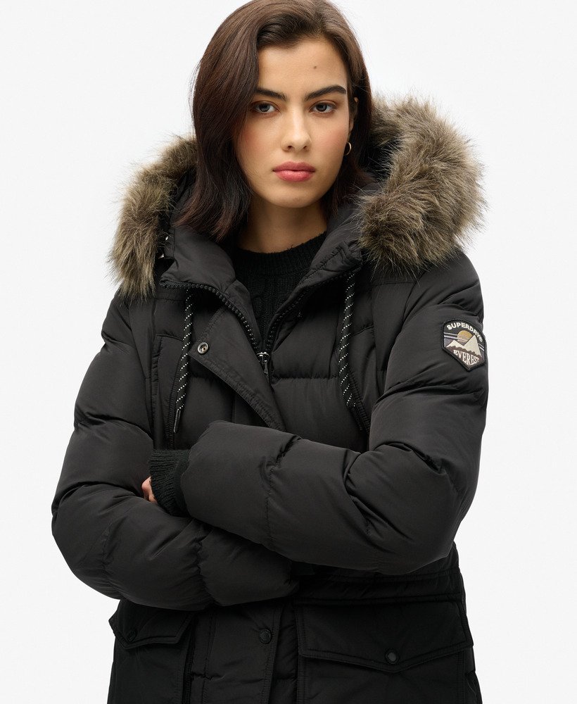 everest mid faux fur puffer coat in black