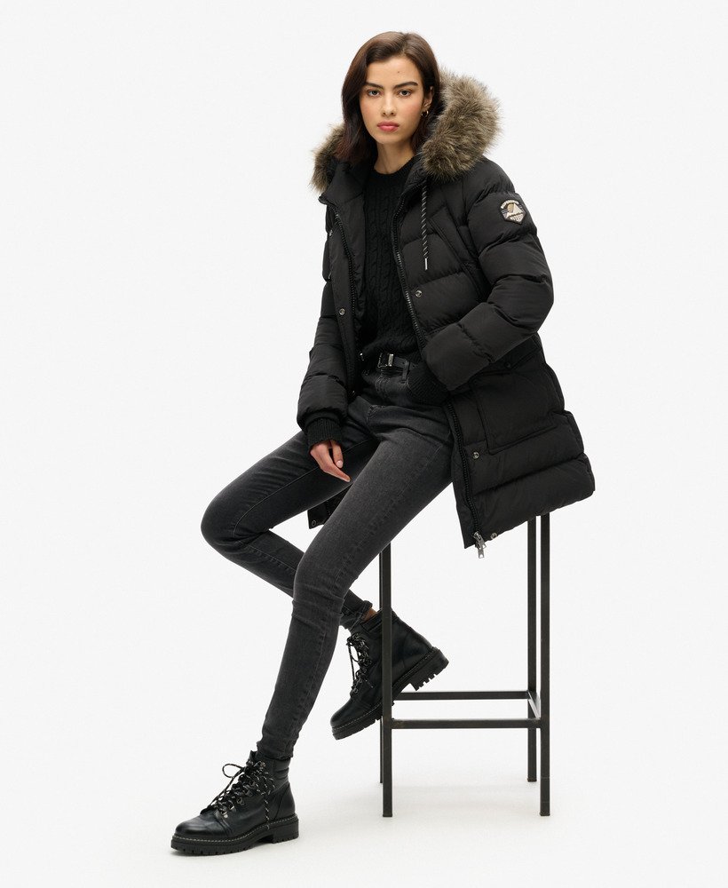 everest mid faux fur puffer coat in black