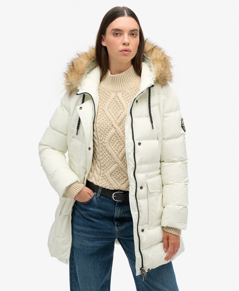 everest mid faux fur puffer coat in off white