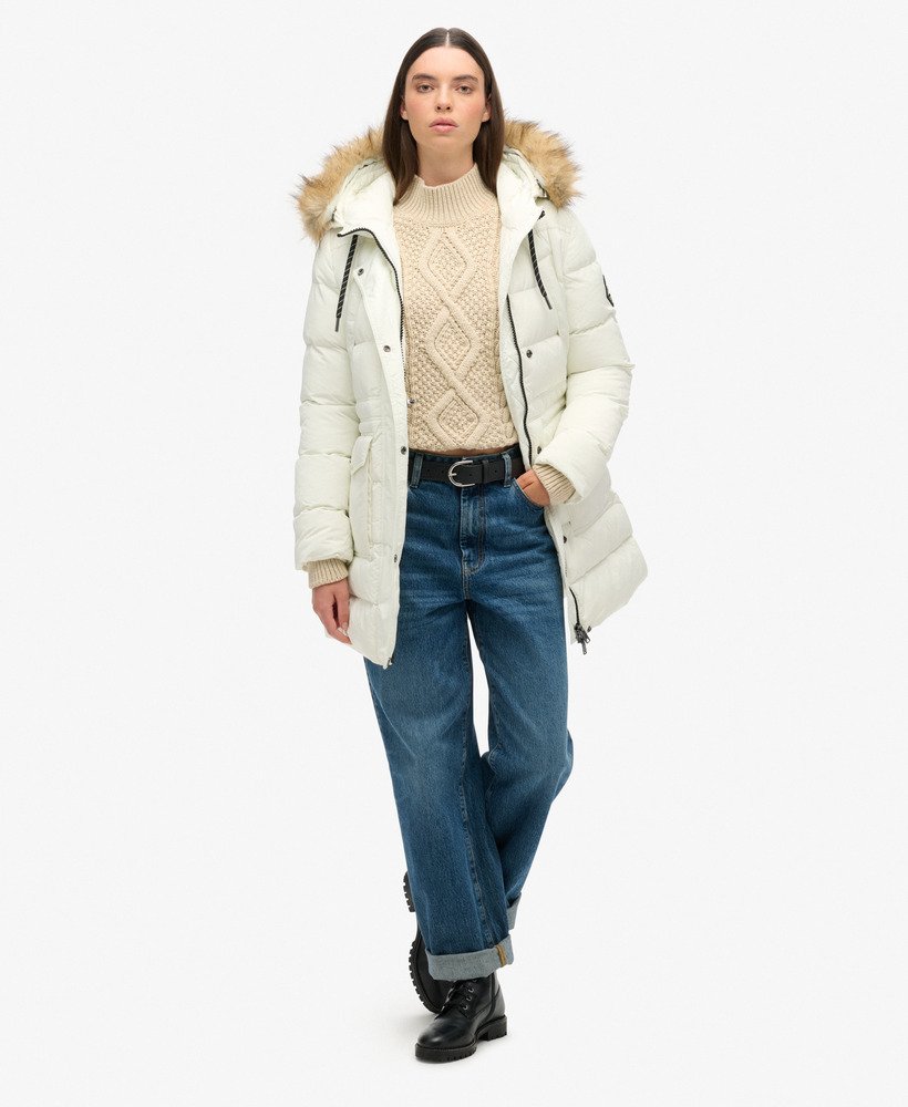 everest mid faux fur puffer coat in off white