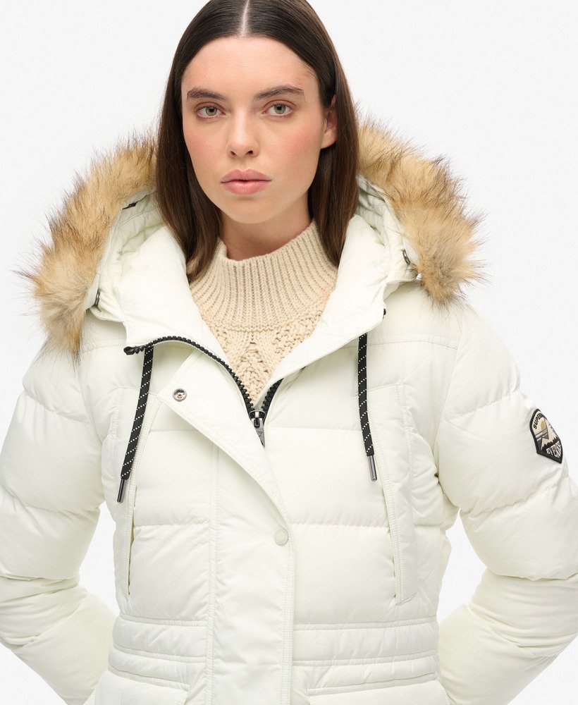 everest mid faux fur puffer coat in off white