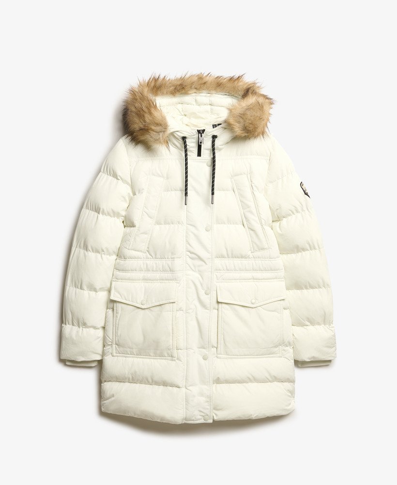 everest mid faux fur puffer coat in off white
