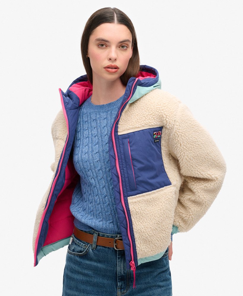 vintage sherpa-jas met capuchon in vintage ecru.