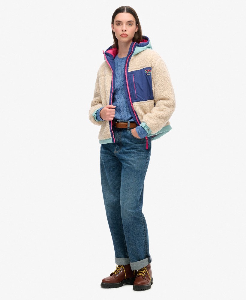 vintage sherpa-jas met capuchon in vintage ecru.