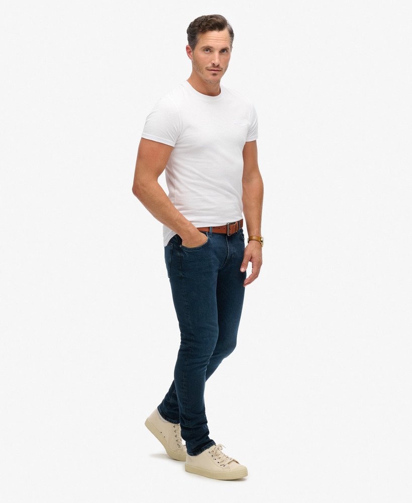 vintage slim fit jeans in vanderbilt ink gedragen.