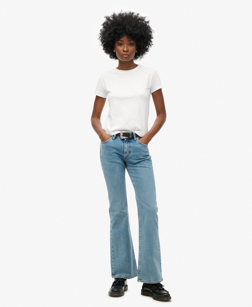 vintage mid-rise slim flare jeans in donker indigo verouderd.