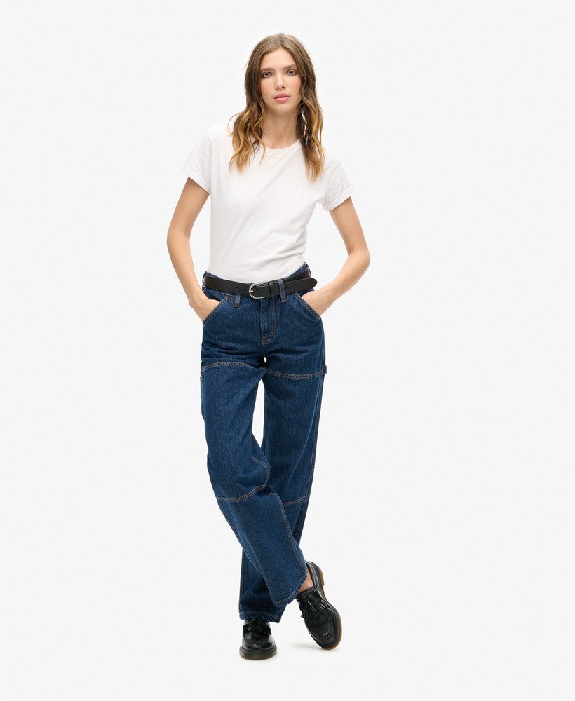 biologische katoenen mid-rise denim timmermansjeans in gewassen blauw.