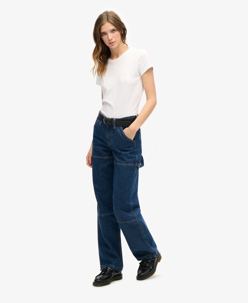 biologische katoenen mid-rise denim timmermansjeans in gewassen blauw.