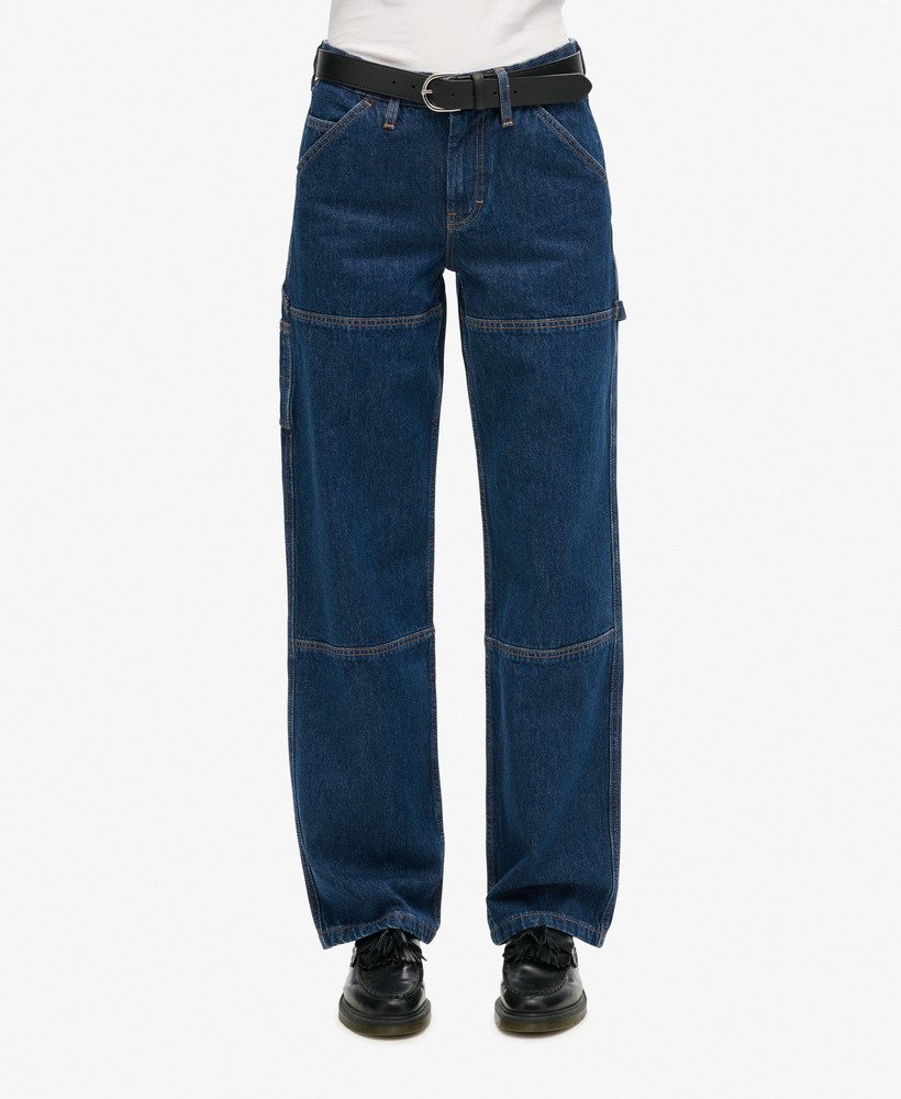 biologische katoenen mid-rise denim timmermansjeans in gewassen blauw.