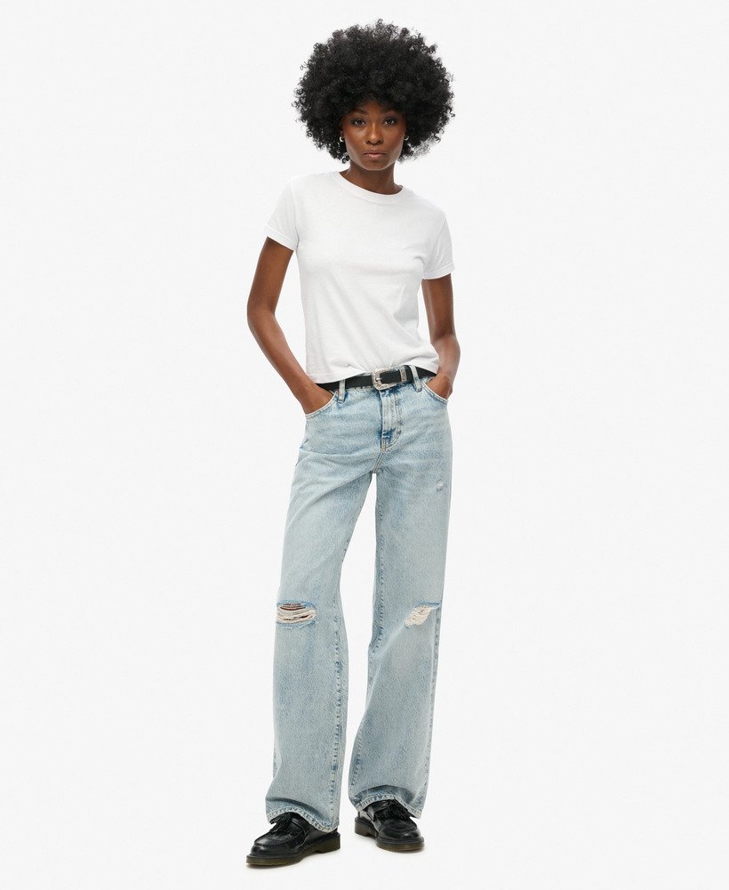 mid-rise wide leg jeans in vintage lentestijl op maat gemaakt.