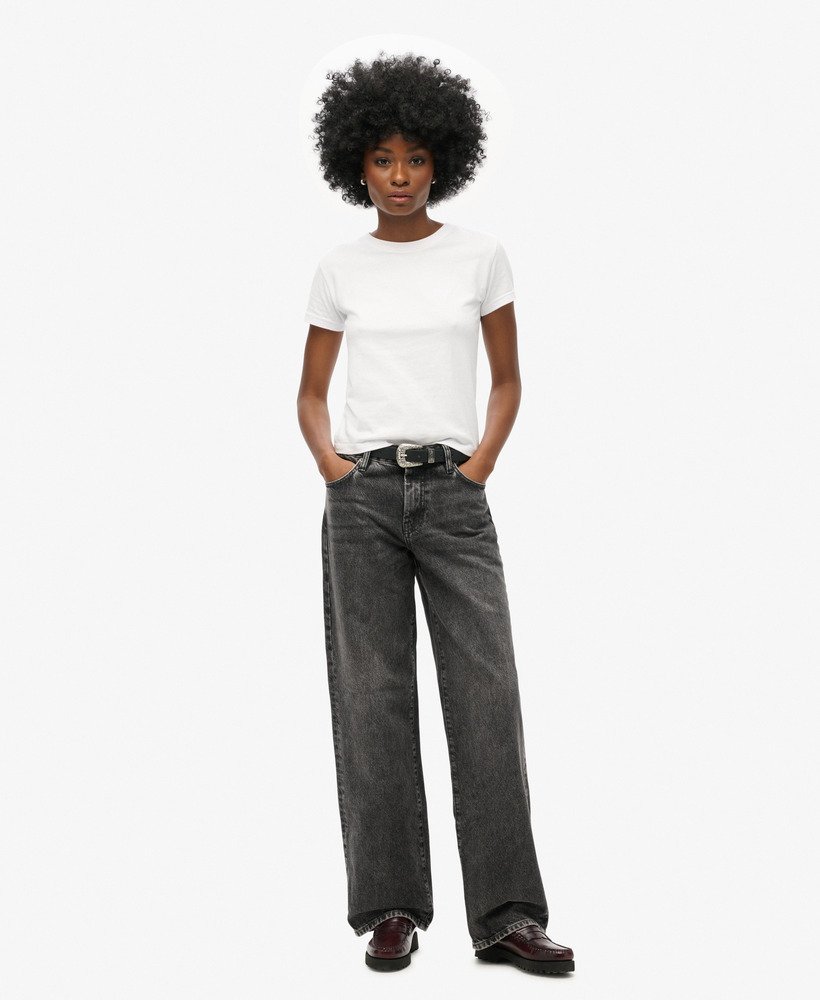 mid-rise wide leg jeans in wolcott black stone