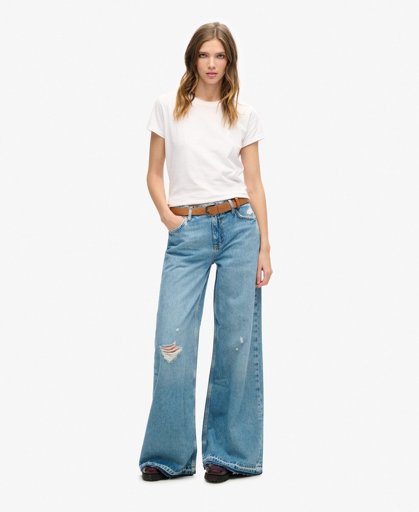 jeans met rafelige zoom en wijde pijpen in sun beach blue