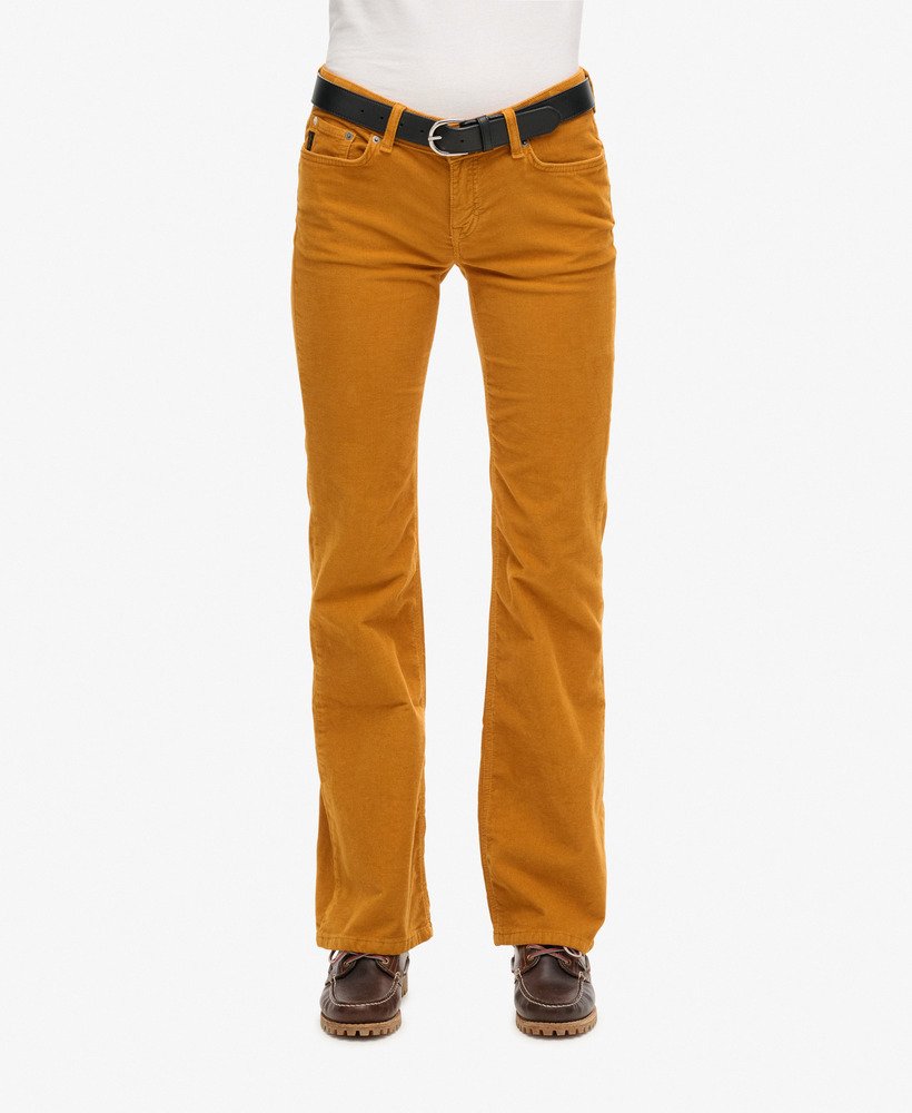 laag uitlopende corduroy jeans met tailleband in pompoenkruidbruin