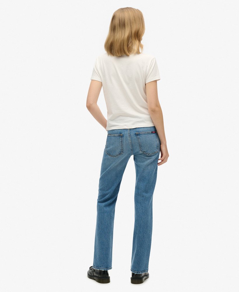 vintage mid-rise slim flare jeans in beecher mid-washed blauw.