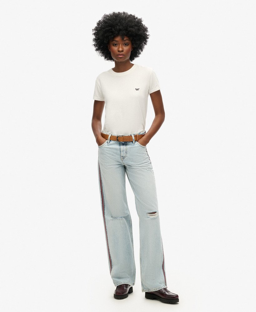 mid-rise jeans met wijde pijpen en dubbele bies in vintage lentestijl op maat gemaakt.