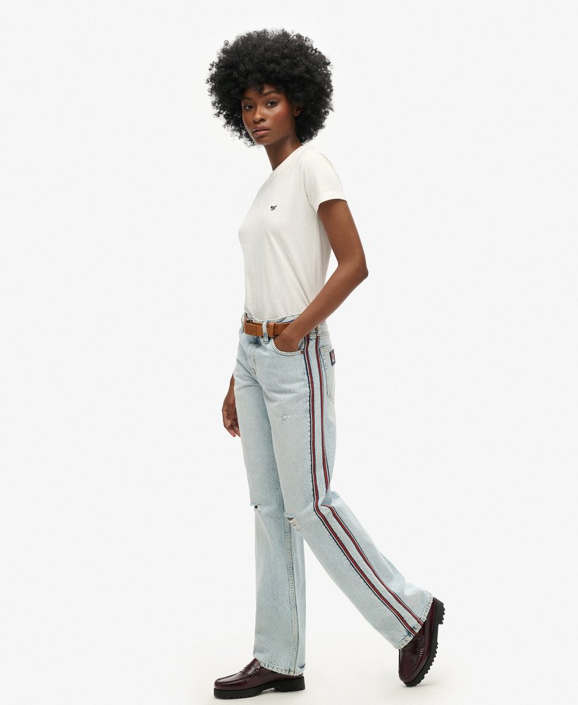 mid-rise jeans met wijde pijpen en dubbele bies in vintage lentestijl op maat gemaakt.
