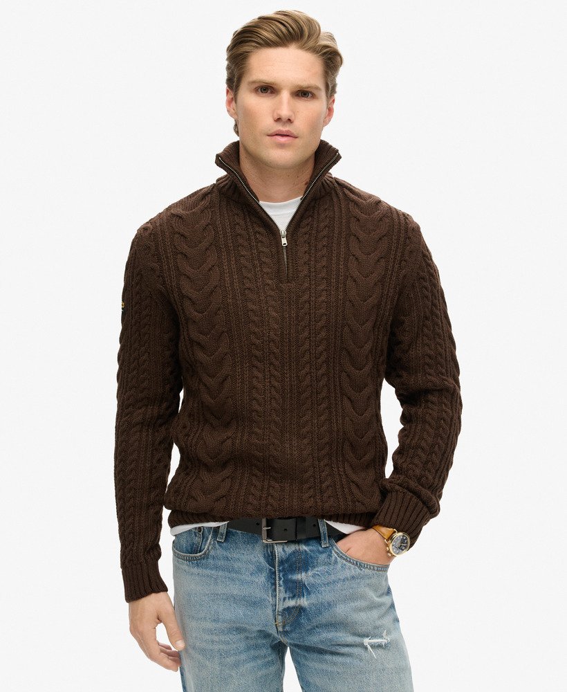 vintage jacob kabelgebreide trui met halve rits in geroosterd chocoladebruin.