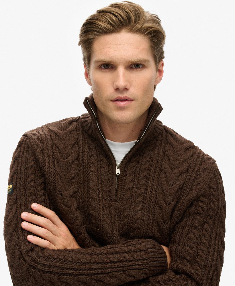 vintage jacob kabelgebreide trui met halve rits in geroosterd chocoladebruin.
