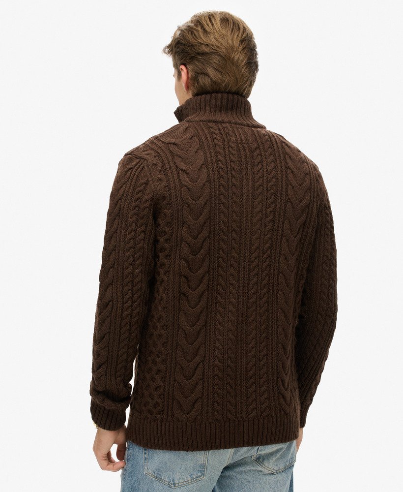 vintage jacob kabelgebreide trui met halve rits in geroosterd chocoladebruin.