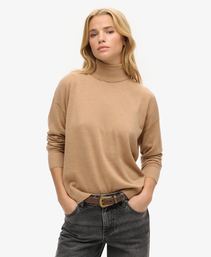 merino trui met verlaagde schouders en rolkraag in pralinekleur