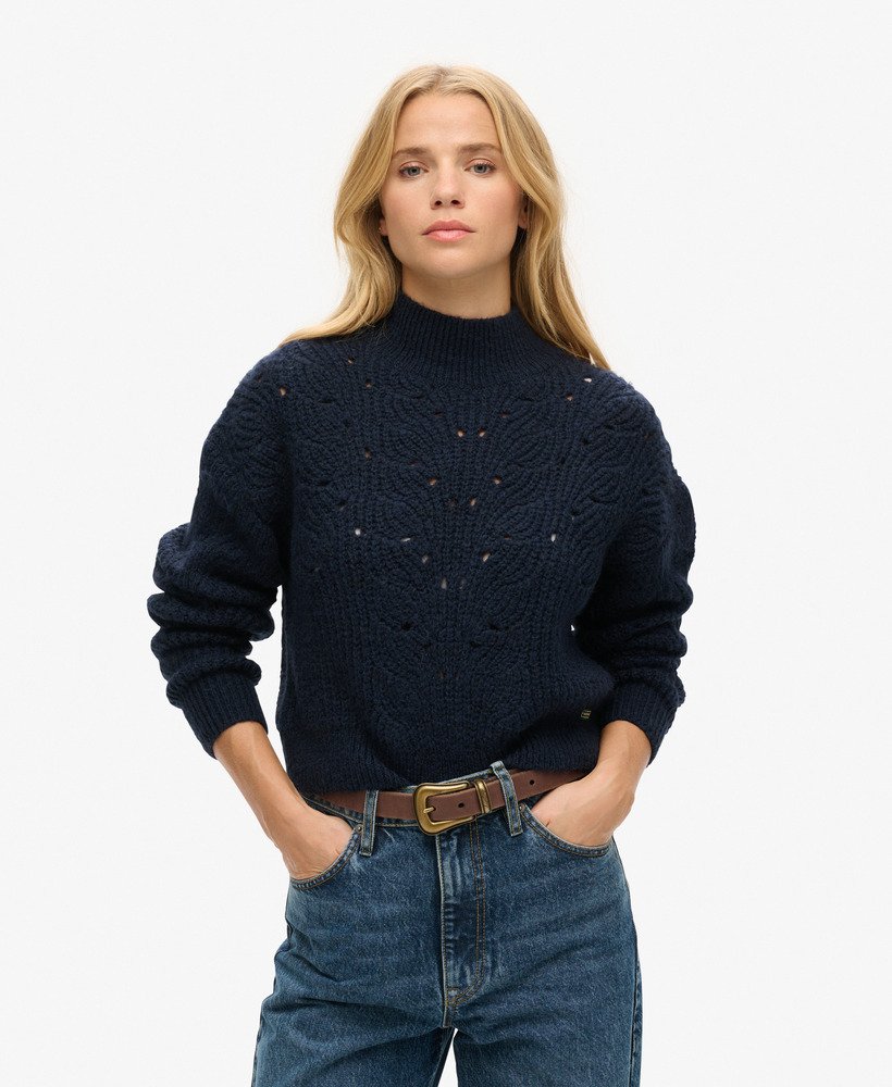 pointelle kabeltrui in donkerblauw gemêleerd