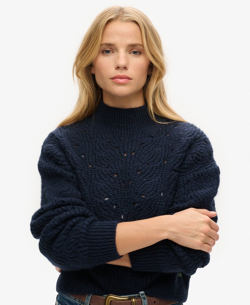 pointelle kabeltrui in donkerblauw gemêleerd