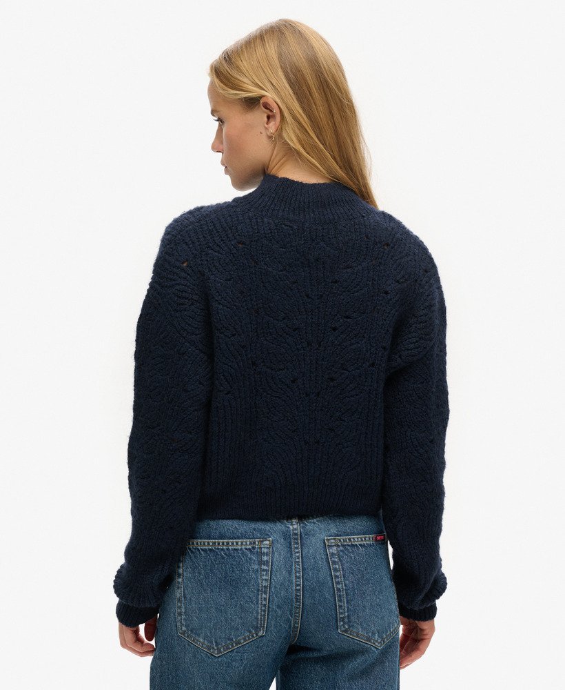 pointelle kabeltrui in donkerblauw gemêleerd