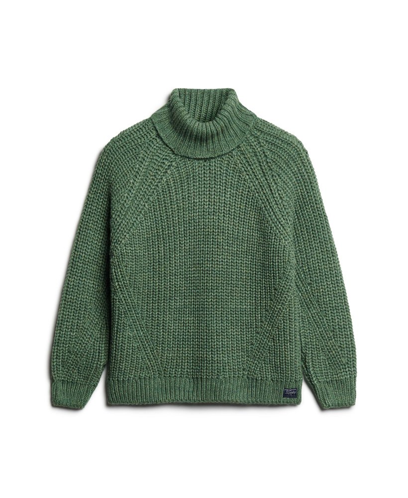 slouchy gebreide coltrui in donker saliegroen gemêleerd.