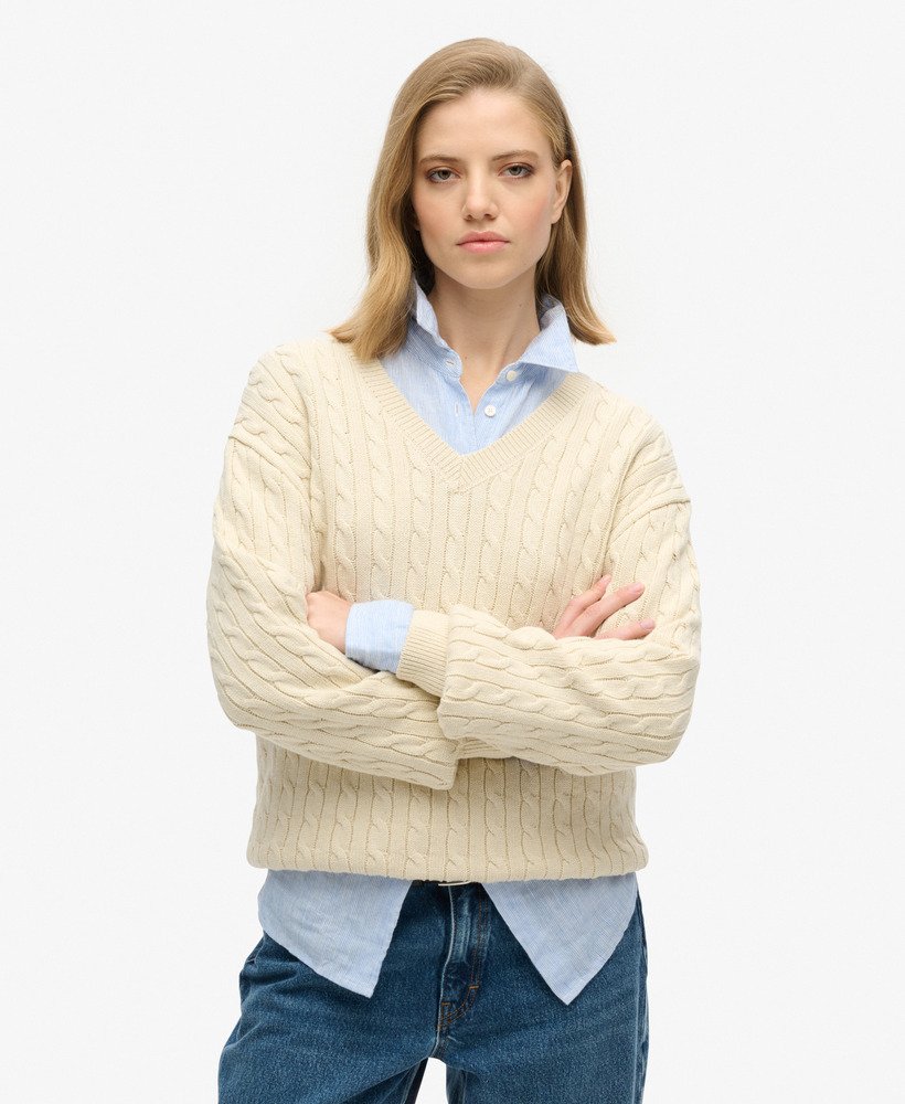 oversized kabeltrui met v-hals in havermoutbeige