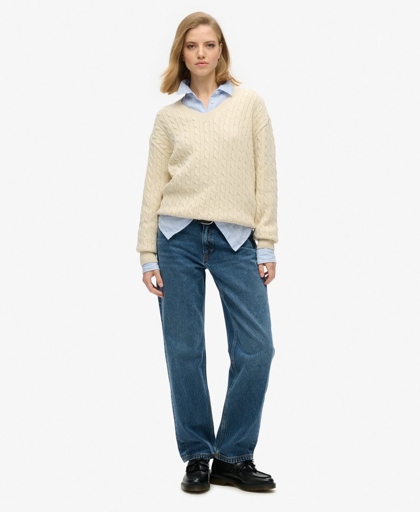 oversized kabeltrui met v-hals in havermoutbeige