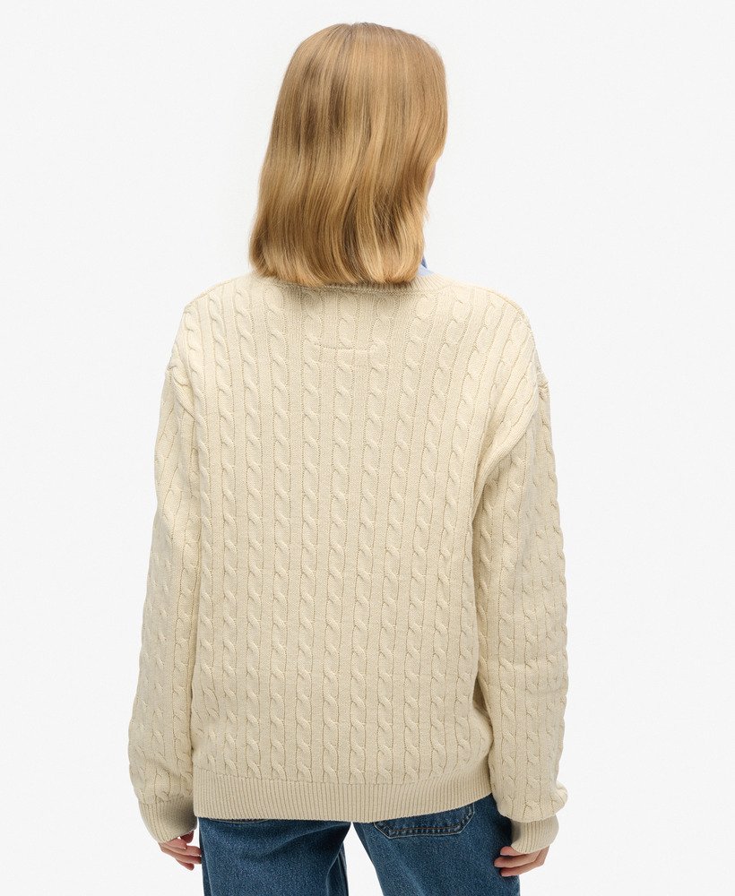 oversized kabeltrui met v-hals in havermoutbeige