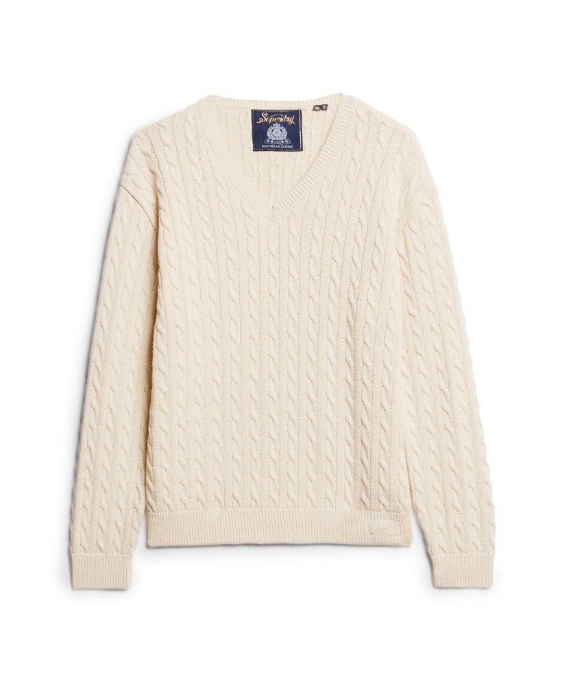 oversized kabeltrui met v-hals in havermoutbeige