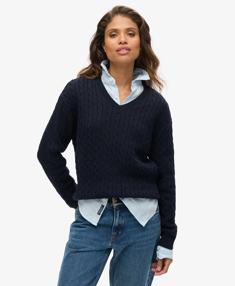 oversized kabeltrui met v-hals in eclipse navy