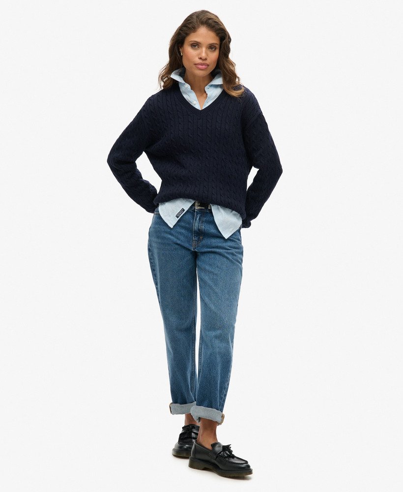 oversized kabeltrui met v-hals in eclipse navy