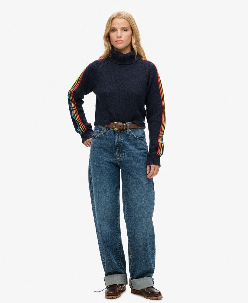trui met rolkraag en raglanmouwen met zijstrepen in marineblauw met meerdere strepen.