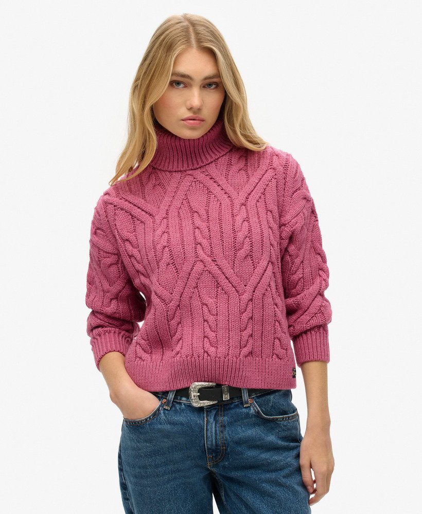 gebreide polo met kabelmotief in papajaroze