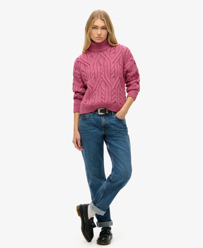 gebreide polo met kabelmotief in papajaroze