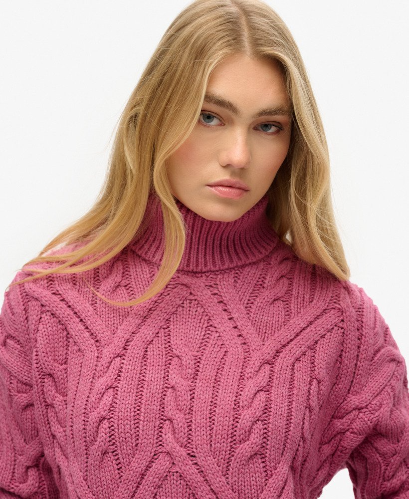 gebreide polo met kabelmotief in papajaroze