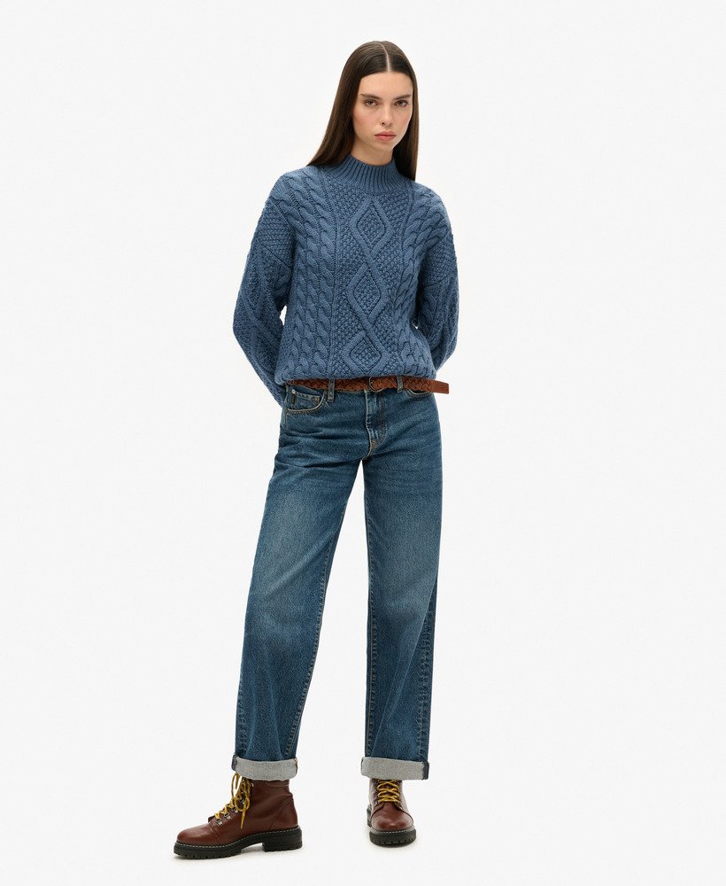 aran kabelgebreide polotrui in vintage denimblauw