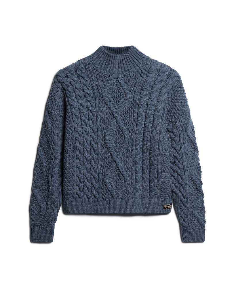 aran kabelgebreide polotrui in vintage denimblauw