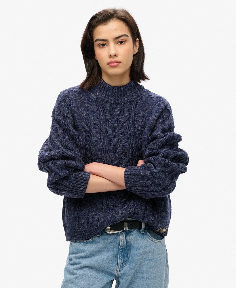 kabeltrui met opstaande kraag in island navy twist