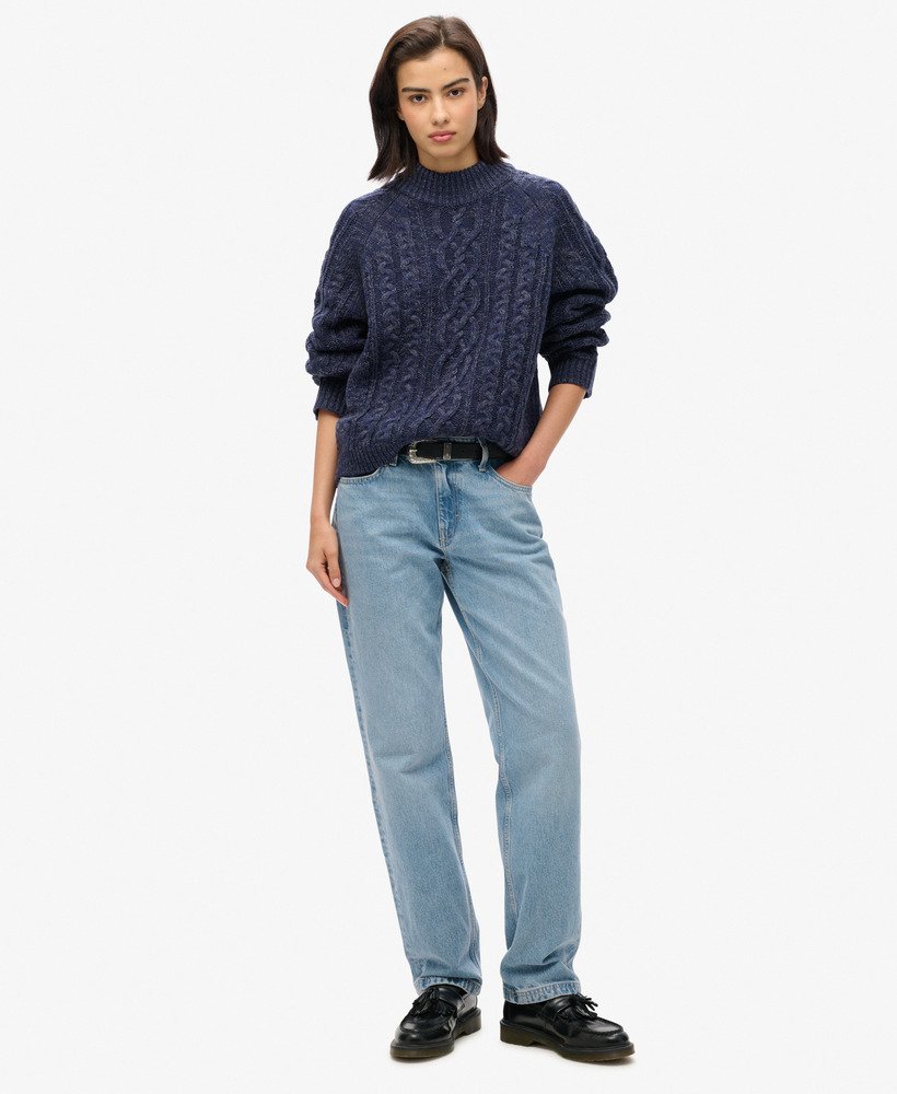 kabeltrui met opstaande kraag in island navy twist