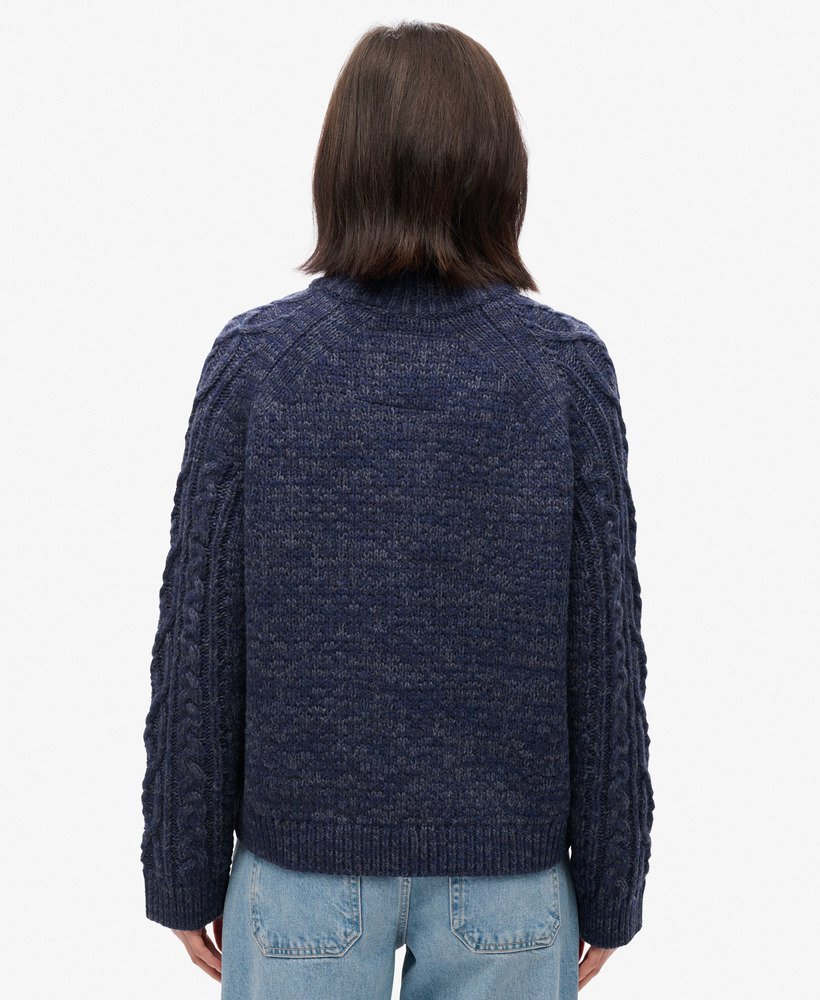 kabeltrui met opstaande kraag in island navy twist