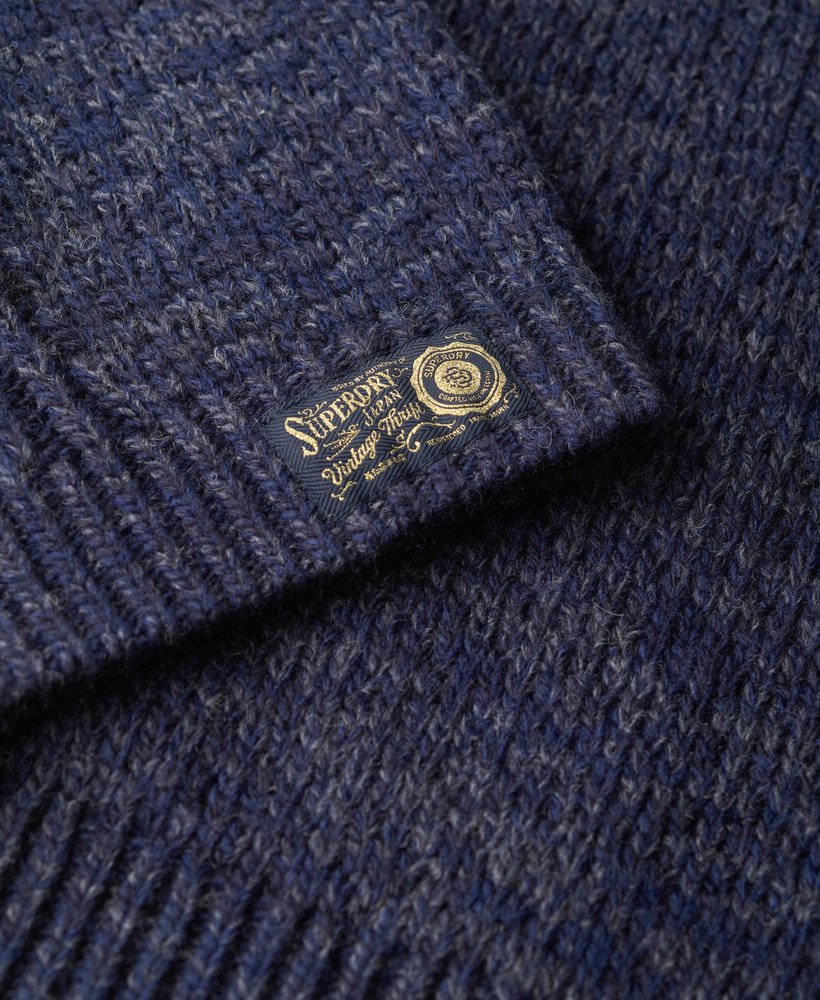 kabeltrui met opstaande kraag in island navy twist